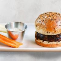 Kids Grass-Fed Burger* · mozzarella, flaxseed bun, carrots & herb hummus