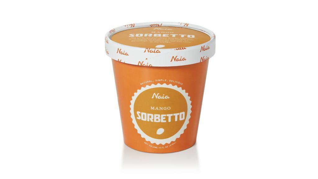 Naia Sorbetto Mango Pint · We craft our dairy-free mango sorbetto with an authentic recipe that simply used mangos; no purees, no extracts, no flavorings, no colorings. All you taste is the mango. MANGO: WATER, MANGO, SUGAR, ORGANIC TAPIOCA SYRUP, CAROB FLOUR, PECTIN.