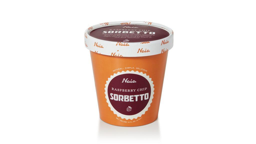 Naia Sorbetto Raspberry Chip Pint · A luscious celebration of bright refreshing berries, made only with real fruit - no flavorings or extracts! This vegan treat is accentuated by flakes of rich dark chocolate. RASPBERRY CHIP: RASPBERRY, WATER, SUGAR, ORGANIC TAPIOCA SYRUP, SEMI-SWEET CHOCOLATE (SUGAR, CHOCOLATE LIQUOR, COCOA BUTTER, COCONUT OIL, SOYA LECITHIN, PURE VANILLA), CAROB FLOUR, PECTIN.

ALLERGEN INFORMATION CONTAINS: SOYA.