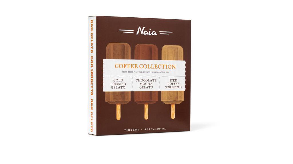 Naia Bar Coffee Collection · From freshly- ground beans to handcrafted bars. Cold Pressed: For the freshest , most potent flavor, we freshly grind whole coffee beans for each batch of bars. Chocolate Mocha: Made with rich, creamy California milk, local TCHO Chocolate and freshly ground whole coffee beans. Iced Coffee: We make this delicious dairy free bar with freshly - ground whole coffee beans for serious, intense flavor. Cold Pressed Gelato: MILK,CANE SUGAR,CREAM,EGGS,COFFEE. CAROB FLOUR.  Chocolate Mocha Gelato: MILK,CANE SUGAR,CACAO LIQUOR,CREAM,EGGS,COFFEE,CAROB FLOUR.  Iced Coffee Sorbetto: FILTERED WATER,CANE SUGAR,COFFEE,CAROB FLOUR.