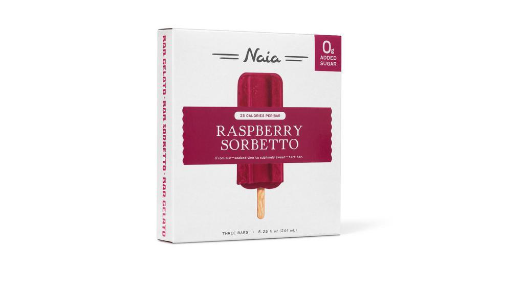 Naia 0G Added Sugar Bar Raspberry Sorbetto · From sun-soaked vines to sublimely sweet-tart bars. All the sweet and tart red raspberry flavor, sans the sticky fingers. Fresh-picked ruby red raspberries gives this dairy-free bar its distinctly summery flavor. Raspberry Sorbetto: WATER,RASPBERRIES,ALLULOSE,CAROB FLOUR,PECTIN.