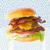 Double Bacon Smash Cheeseburger · Two smash burger patties with bacon, cheddar cheese, lettuce, tomatoes, onion, pickles, and ...