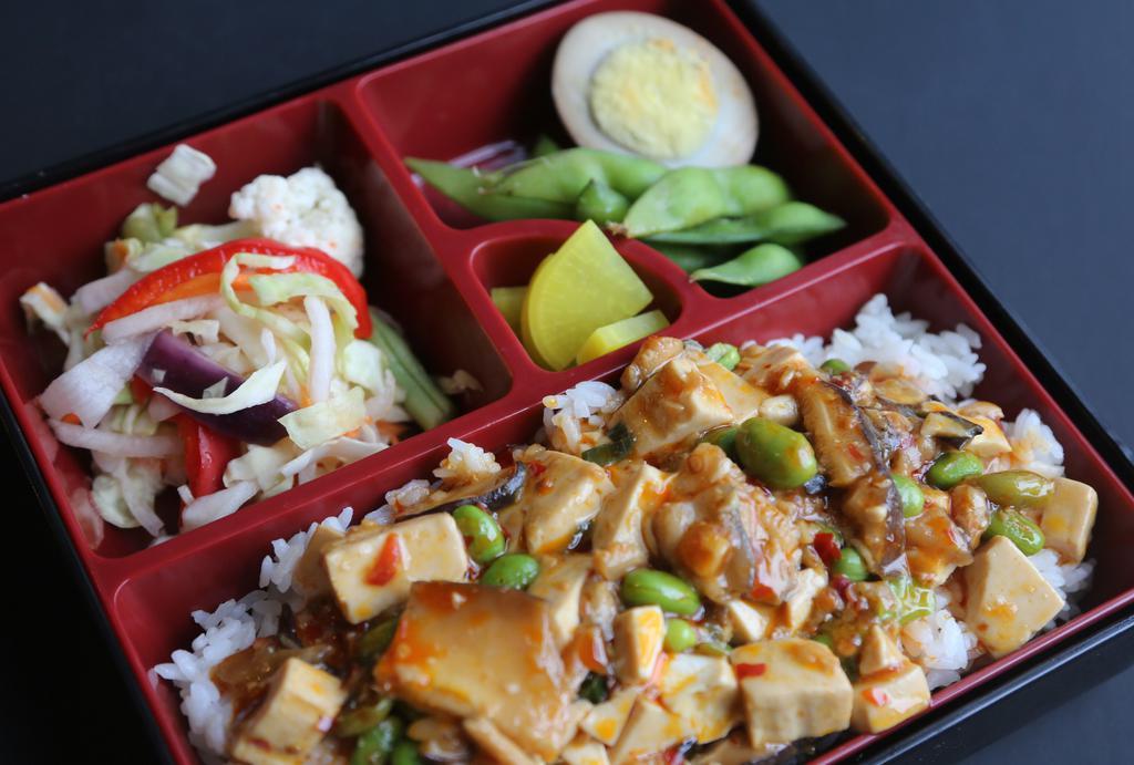 Spicy Tofu with Shiitake Mushrooms Bento · Vegeterian (vegan if egg is removed). Mild spicy and mushrooms cannot be removed. Includes rice, veggies, edamame, and tea egg ~ Veggies feature local organic Taiwanese cabbage from Shao Shan Farm