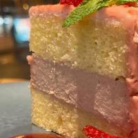 Strawberry Tall Cake · vanilla bean yellow cake, strawberry cheesecake, strawberry butter cream, strawberry jam sauce