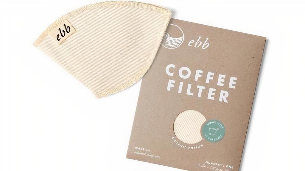 Ebb No. 2 Coffee Filter · Trade the paper for an Ebb No.2 filter. Ebb reusable cotton filters are always made of certified organic cotton & create delicious, consistent cups of coffee. Every Ebb filter is grown, woven & assembled in the US. A guide to get you started using Ebb is included. If you need great coffee to get you going, Ebb reusable filter will make it perfect every time.. Made in the USA from 100% organic cotton.. 1 reusable filter per pack.. Good for at least 100 uses.. Packaging is recycled, recyclable and biodegradable.. Filter is biodegradable in backyard compost.