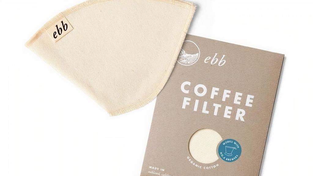 Ebb No. 4 Coffee Filter · Get multiple cups of delicious coffee in one pourover brew. Ebb reusable filters are always made of certified organic cotton & create consistent cups of coffee. Every Ebb filter is grown, woven & sewn in the US. A guide to get you started using Ebb is included. If you need great coffee to get you going, Ebb will make it perfect every time.. Made in the USA from 100% organic cotton.. 1 reusable filter per pack.. Good for at least 100 uses.. Packaging is recycled, recyclable and biodegradable.. Filter is biodegradable in backyard compost.