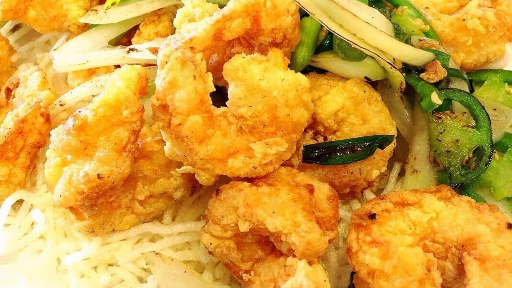 Salt & Pepper Prawns 椒鹽蝦 · Shell-less prawns lightly battered then toss-cooked with onions and jalapenos.  Seasoned with salt & pepper.