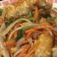 Sweet & Sour Fillet of Fish 古老魚片 · Fillet of fish deep-fried in light batter then sauteed with bell peppers, carrots, onions, i...