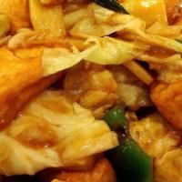Twice Cooked Tofu 回鍋豆腐 · Tofu sauteed with cabbage, bell pepper, bamboo shoots in Hoisin Sauce.