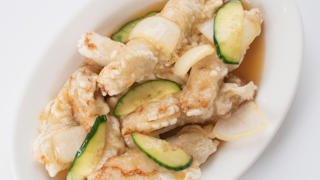 Tang Soo Yook · Fried pork, cucumber, onion, sweet and sour gravy. Contains egg, soy, wheat.