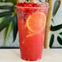  Strawberry Lemonade  · Fresh strawberry puree, lemon juice, green tea, basil seeds, diced strawberry.