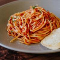 Spaghetti · House-made Marinara Sauce with Spaghetti and Parmesan Cheese; add meatballs (+ $5)