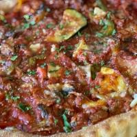 Deep Dish Vegetarian · Plum Tomato Sauce, Mozzarella Cheese, Provolone Cheese, Onions, Bell Peppers, Mushrooms, Bla...