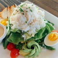Dungeness Crab Louie Salad · Fresh Picked Dungeness Crab w/ a Bed of Butter Lettuce, Hard Boiled Egg, Cherry Tomatoes, Sl...