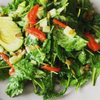 Baby Kale and Avocado Salad · Baby Dino Kale, Avocado, Cucumber, Red Bell Peppers and Toasted Pepitas w/ Meyer Lemon Vinai...