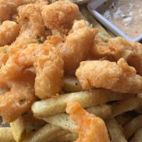 Fried Gulf Shrimp+Chips · Wild, Gulf Shrimp in a Light Beer Batter. Served w/ Hand Cut Fries, Spicy Remoulade, Grilled...