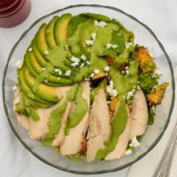Chicken Goddess Salad · with chicken breast, avocado, goat cheese and a delicious watercress green goddess dressing....
