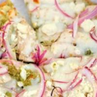 Spicy Chicken Pizza · A popular choice with roasted chicken breast, red onion, feta, mozzarella and cilantro-jalap...