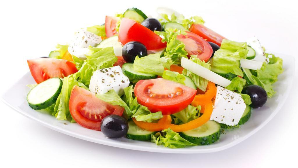 The Greek Salad · Fresh salad made with mixed greens, feta cheese, Kalamata olives, sliced tomatoes, cucumbers, red onions, green peppers, and Jalapeño peppers. Served with an oil vinaigrette.