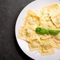 Cheese Ravioli with Pink Sauce · Tender ravioli filled with ricotta, Parmesan, and Mozzarella cheeses served in a house made ...