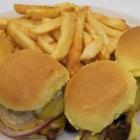 4 Sliders · Four sliders, perfectly seasoned, served on mini buns w/ American cheese, grilled onions, an...