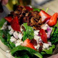 Organic Spinach Salad (Family) · Hobb's applewood smoked bacon, gorgonzola, red onion, pears (fall); tangeriner (winter); str...