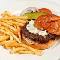 Curbside Burger · Natural Angus beef with cheddar, jack, or blue cheese. Choice of French fries or salad on th...