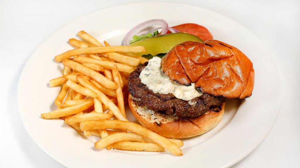 Curbside Burger · Natural Angus beef with cheddar, jack, or blue cheese. Choice of French fries or salad on the side.