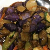 L5. Eggplant with Spicy Garlic Sauce · Hot and spicy.