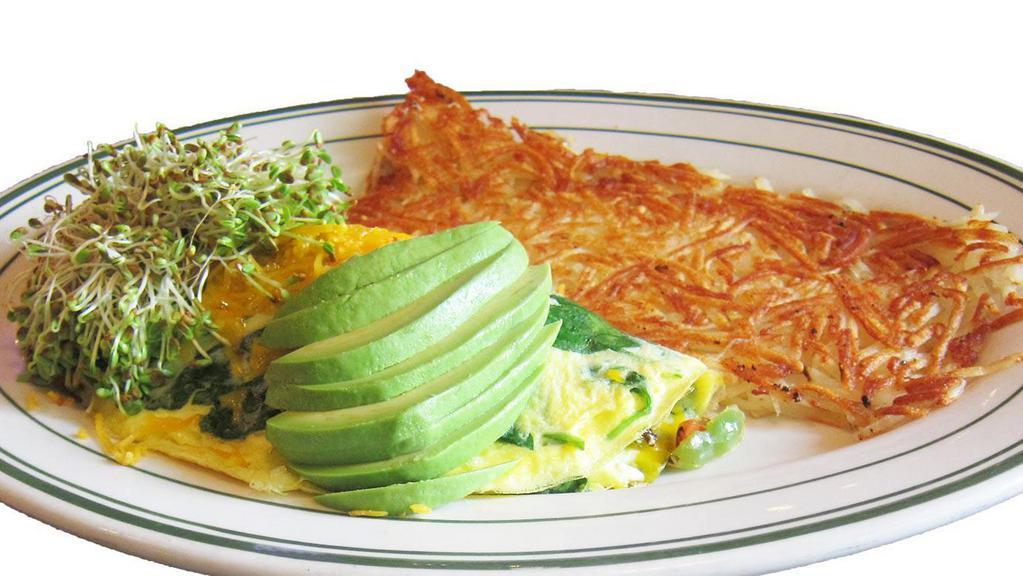 Garden Omelet · Diced tomatoes, grilled onions, mushrooms, bell peppers, fresh spinach, and cheddar cheese. Topped with sprouts and avocado.