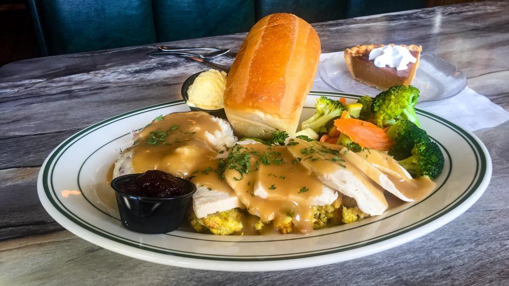 Fresh Roast Turkey · A half pound of tender hand carved slices of turkey breast with savory cornbread stuffing, mashed potatoes and rich turkey gravy.