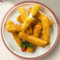 Cheesy Mozza Sticks · Deep fried cheese sticks. Crispy on the outside, gooey on the inside.