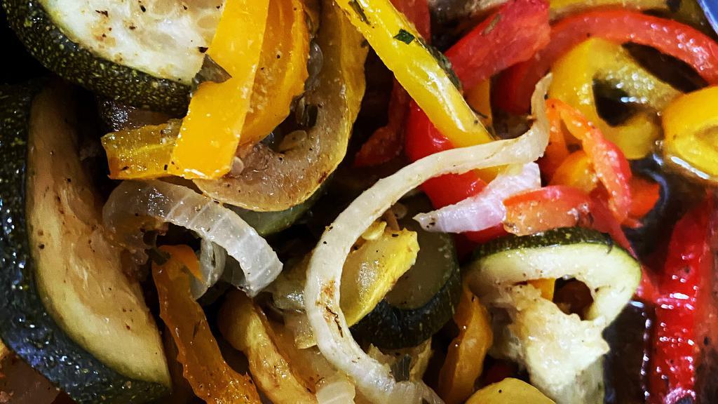 Sauteed Veggies Side · Vegan. GF. Sautéed zucchini, squash, bell peppers, and onions