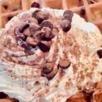 GF - Chocolate Divine Waffle · Filled with semi-sweet chocolate chips, topped with fresh whipped cream and ground Ghirardel...