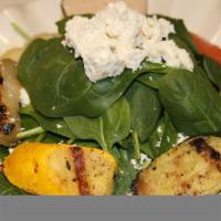 Insalata Spinaci · Fresh spinach with grilled eggplant and zucchini, bell pepper, artichoke, feta cheese, egg, ...