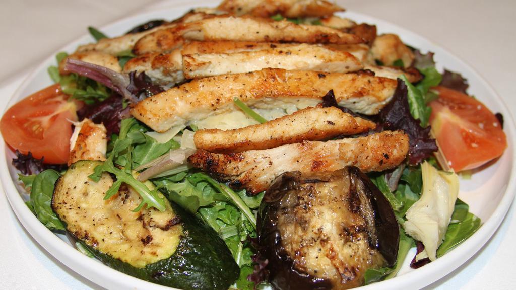 Insalata Di Pollo · Mixed green salad with grilled chicken breast, tomato, olives, house dressing, and Parmesan cheese.