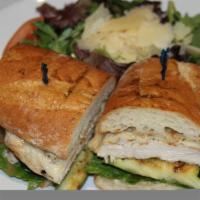 Panini Rustico · Toasted French bread with grilled chicken, eggplant, zucchini, bell pepper, mozzarella chees...