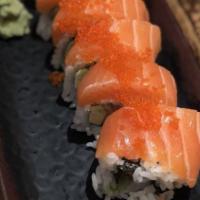 28. Double Salmon Roll · Minced salmon, avocado with green onion, salmon sashimi and tobiko topping.