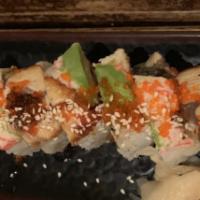 18. Super Dragon Roll · Soft shell crab, crab and cucumber topped with eel, crab and avocado.
