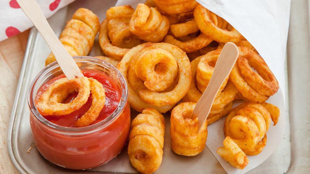 Curly Fries · Crispy, golden brown curly fries.