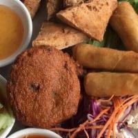 Appetizer Platter · Vegetarian Egg Rolls, Fried Tofu, Fish Cakes and Shrimp Rolls
