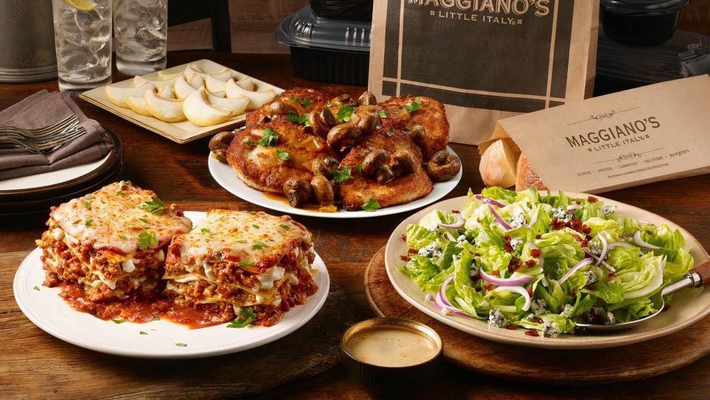 Family Meal For Four · Choose from a variety of Maggiano's classics, portioned to share with approximately four people. Choose a Salad, a Pasta, and an Entrée. Freshly baked Ciabatta Rolls will accompany the meal.