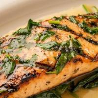 Salmon Lemon & Herb · White Wine Butter Sauce with Spinach