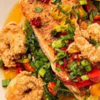 Salmon With Crispy Calabrian Shrimp · Four-Pepper Relish, Garlic Mashed Potatoes, Sautéed Spinach