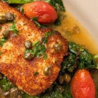Alaskan Cod · Parmesan-Crusted, Capers, Tomatoes, Lemon Butter with Spinach