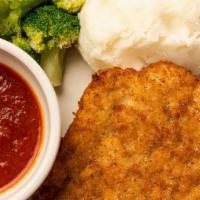 Breaded Chicken Breast · with Broccoli & Garlic Mashed Potatoes