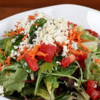 Mista · Mixed greens, shredded carrots, diced roma tomatoes and crumbled Gorgonzola with your choice...