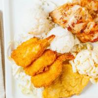 Seafood Combo · Basa and fried shrimp w/ a choice of hawaiian BBQ beef, hawaiian BBQ chicken, hawaiian BBQ s...