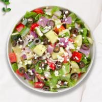 Greek Tosser Salad · Feta cheese, tomato, cucumber, onions, and olives with your choice of greens and dressing.