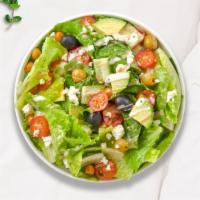 Miss Mediterranean Salad · Chickpeas, cucumber, tomatoes, onions, cabbage, and feta cheese with your choice of greens a...